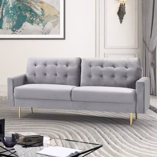 Artemis Home Emerson 3 Seat Sofa in Grey Velvet Fabric with Gold Accents and Solid Wood Frame