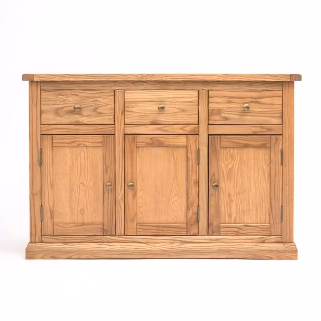 Cabinet Bits Salerno 3 Door 3 Drawer Sideboard in Light Brown Wood with Antique Brass Knobs