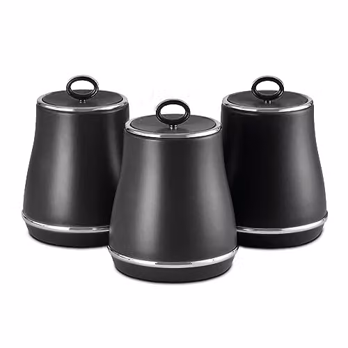 Tower Renaissance Set of 3 Airtight Stainless Steel and Silicone Storage Canisters for Coffee, Sugar and Tea, Black, 1.5 l