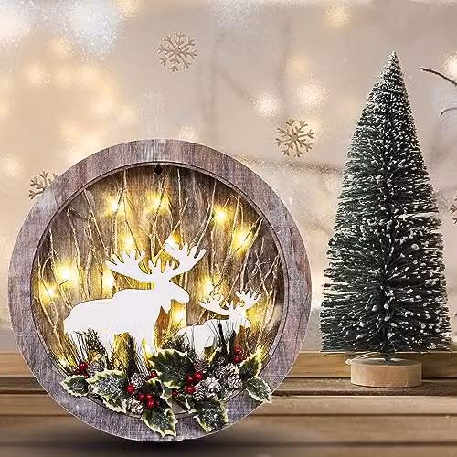 Shatchi Wooden Christmas Reindeer Scene Tabletop Centrepiece, Wreath Shape, Brown and Red, W30 x D4.5 x H30 cm – 3