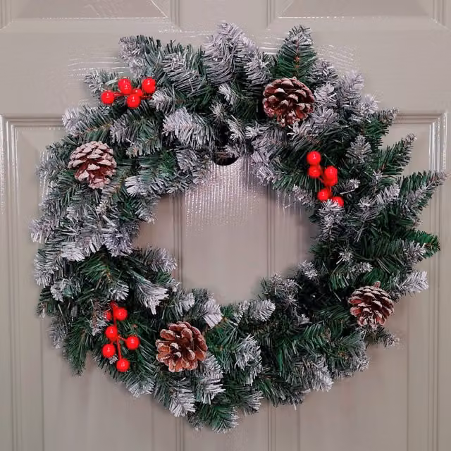 Samuel Alexander 45cm Snow Tipped Christmas Wreath with Pine Cones and Red Berries in Grey, Green or Red