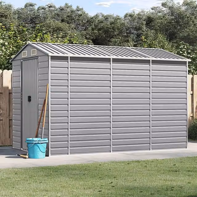 Berkfield Home Pent Garden Shed in Light Grey Galvanised Steel, W/D/H: 300 x 191 x 198 cm