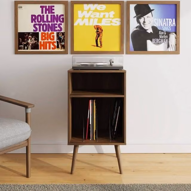 FORGEVIO Mid-Century Compact Vinyl Turntable Stand Cabinet in Brown Walnut