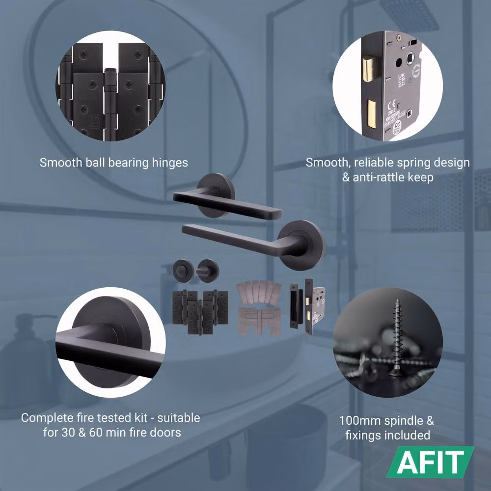 AFIT Matt Black Aluminium Fire Door Handle and Bathroom Set with Latch Lock – 3