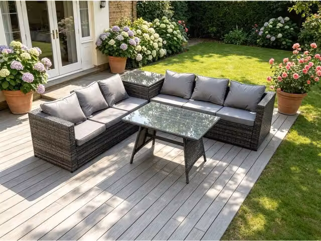 Fimous 6 Seater Anthracite Grey Rattan Sofa Dining Set with 2 Tables for Garden and Terrace