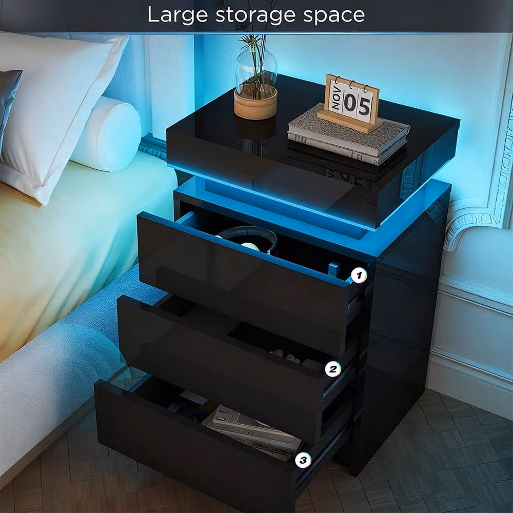 Ventryn Black High Gloss Bedside Table with RGB LED Lighting and 3 Drawers – 5
