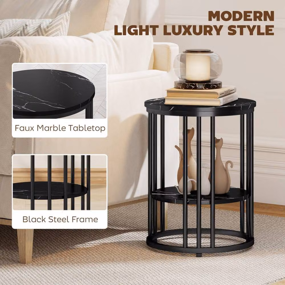 Wyld Haus Dilisu Set of 2 Black Marble Effect Round Coffee Tables with Glossy Metal Sled Base – 5