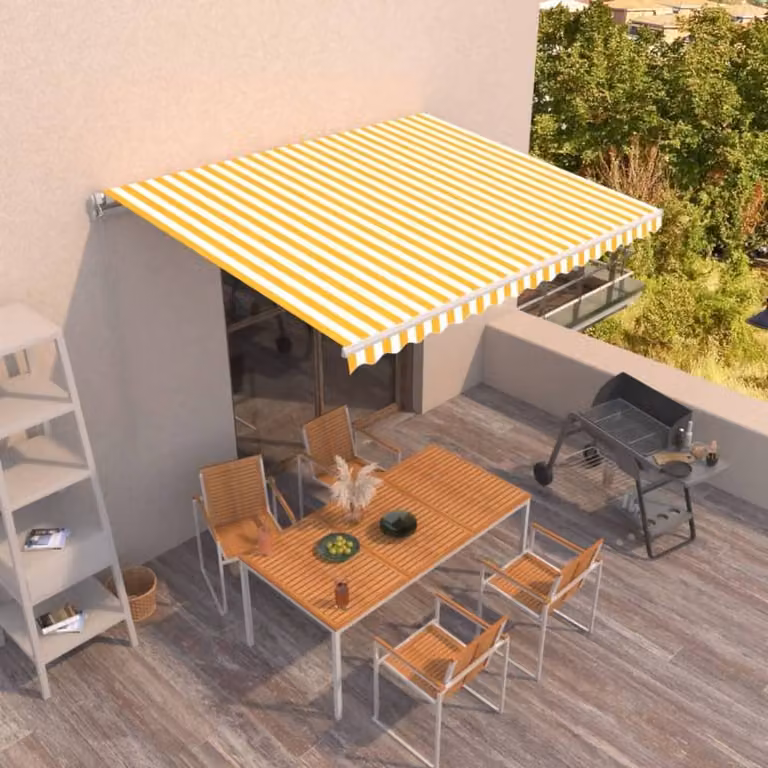 Berkfield Home Manual Retractable Crank Awning in Yellow and White Striped Polyester with Aluminium Frame, W: 450 cm, D: 350 cm