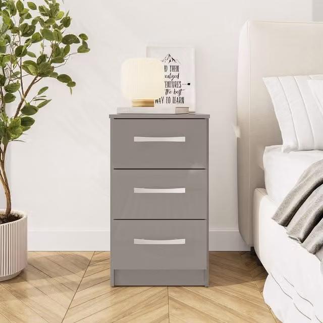 Birlea Lynx Modern 3 Drawer Bedside Table in Grey and Silver Glossy Walnut Finish