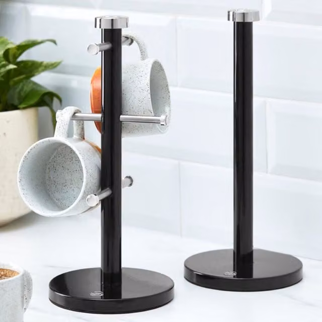 Swan Black Metal Freestanding Towel Pole and Mug Tree Set with Weighted Base