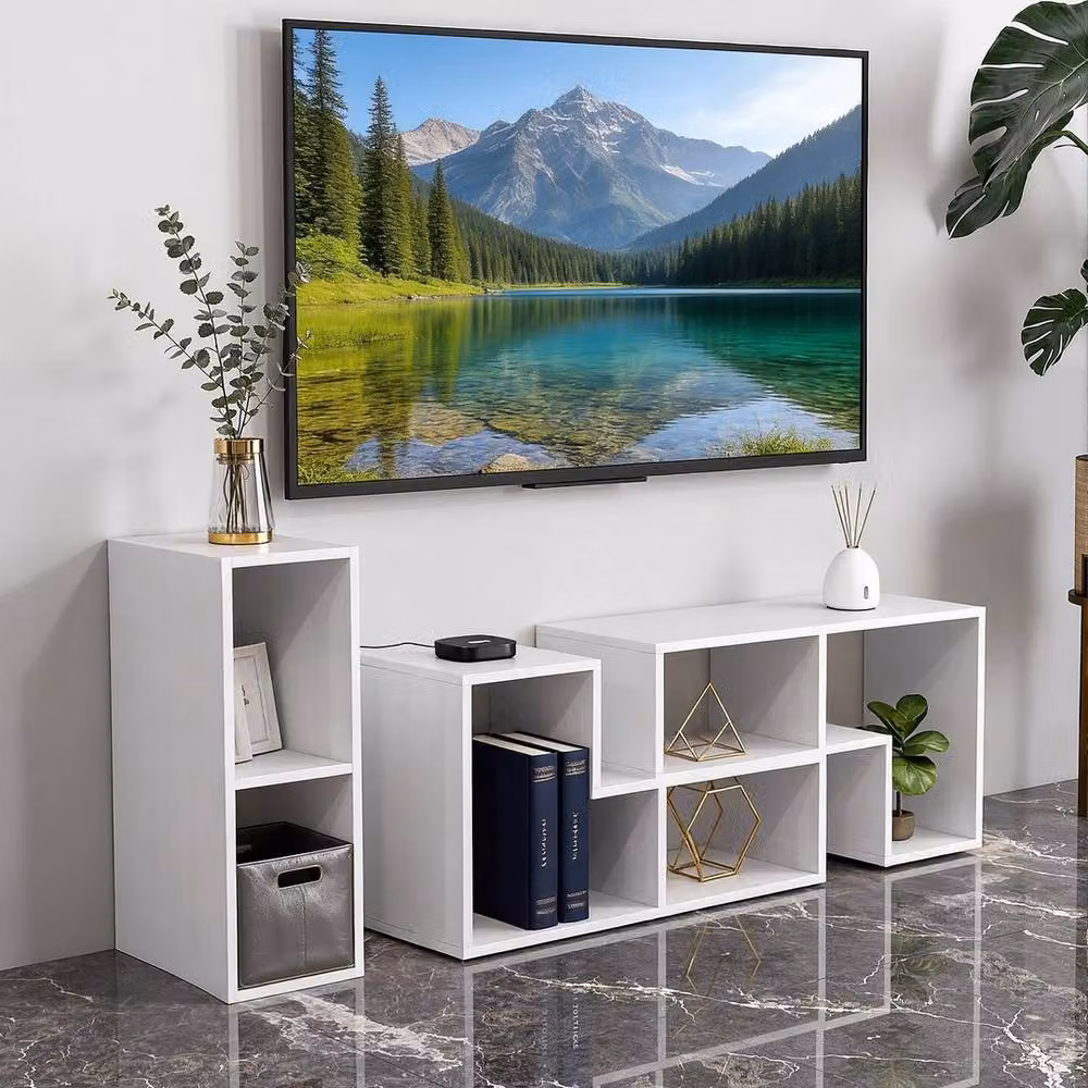 NESTLUNE Modern White Matt Free Combination TV Stand for TVs up to 65 Inches, W: 100 cm, D: 15 cm – 3