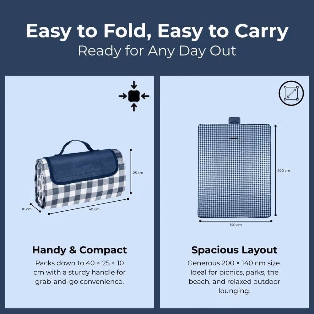 Kelvenix Large Waterproof Foldable Picnic Blanket in Blue, W: 200 cm, D: 140 cm – 2