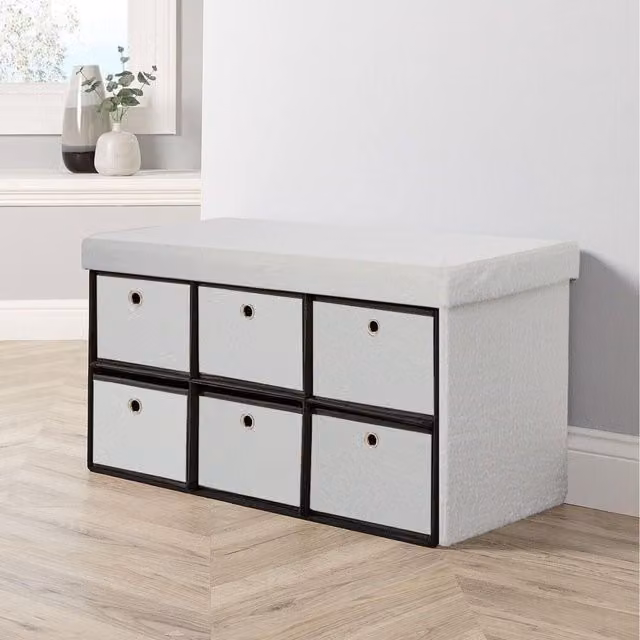 Home Source Folding 6 Drawer Ottoman in Cream Bouclé Fabric, W/D/H: 34.5 x 23.5 x 14.5 cm