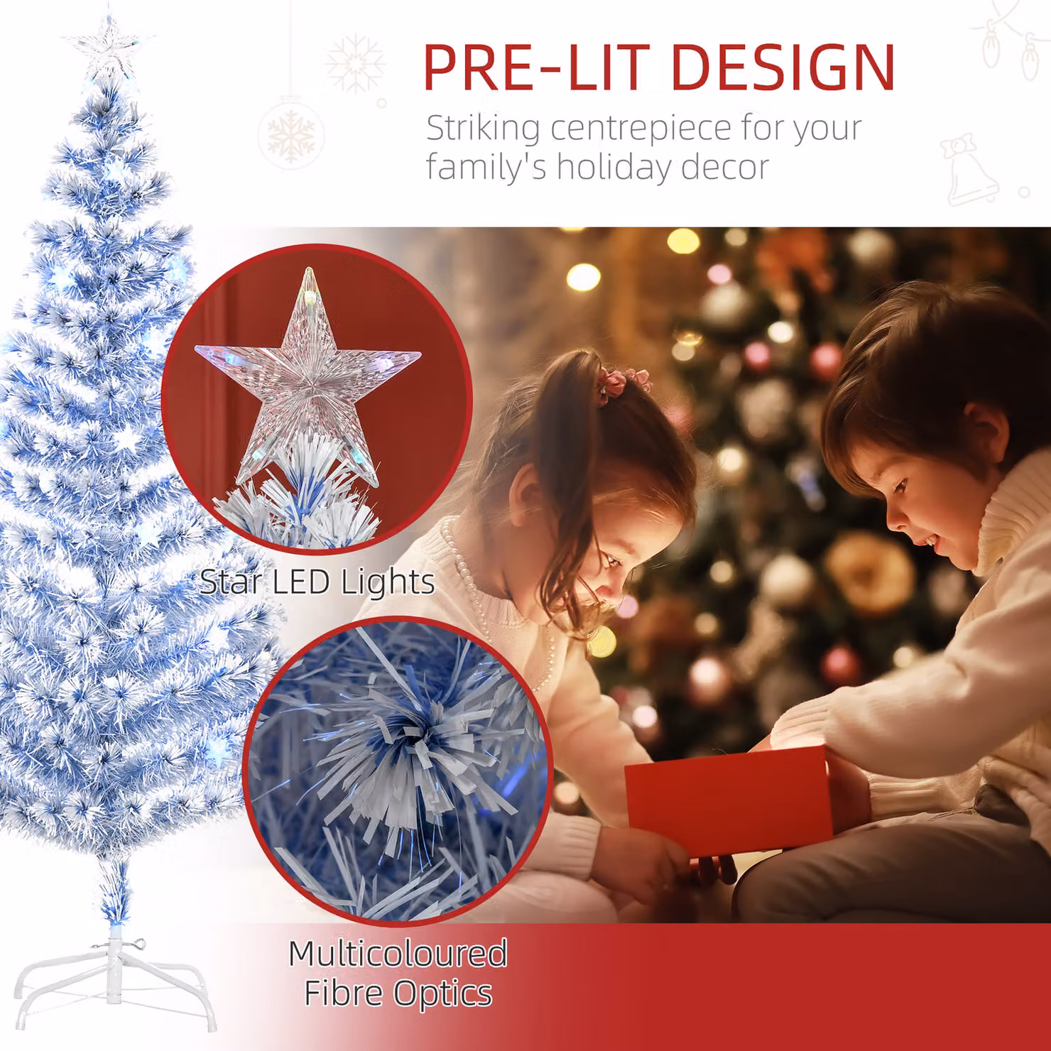 HOMCOM Pre-Lit Artificial Fibre Optic Christmas Tree with 26 LED Lights in White and Blue, Height: 182.88 cm – 4