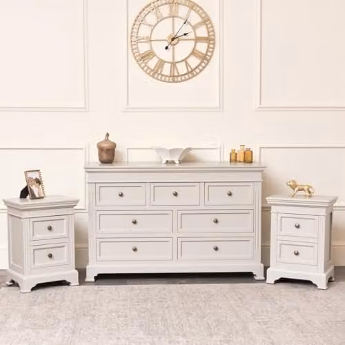 Melody Maison Daventry Grey and Beige Lacquered 7 Drawer Chest of Drawers and Pair of Bedside Tables W/D/H: 120 x 42 x 76 cm