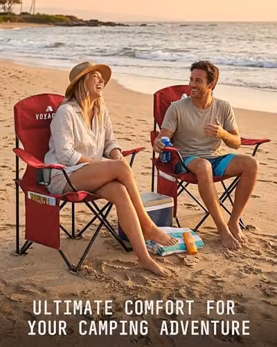 Voyager 2-Pack Folding Camping Chairs with Cup Holders and Armrests in Black and Red – 6