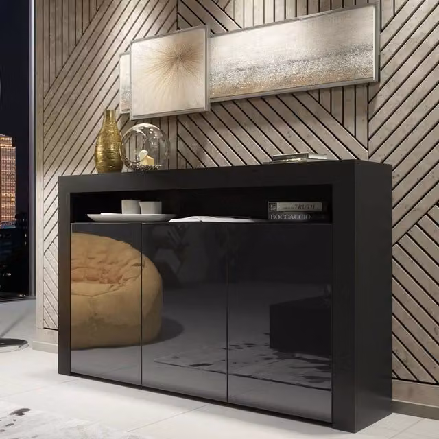 PAWNORA Modern Glossy Black Sideboard Cabinet and TV Unit with Media Compartments