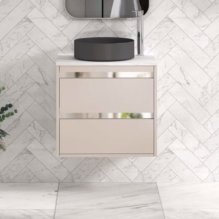 Royal Bathrooms Orion 600mm Warm Taupe Wall Hung Countertop Vanity Unit with 2 Drawers, Art Round Basin and Chrome Accent Trim