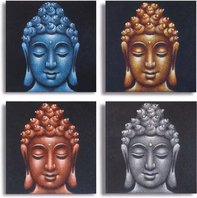 Ancient Wisdom Set of 4 Buddha Heads in Sand Detail, Beige and Multicolour, W/D/H: 40 x 40 x 40 cm – 3