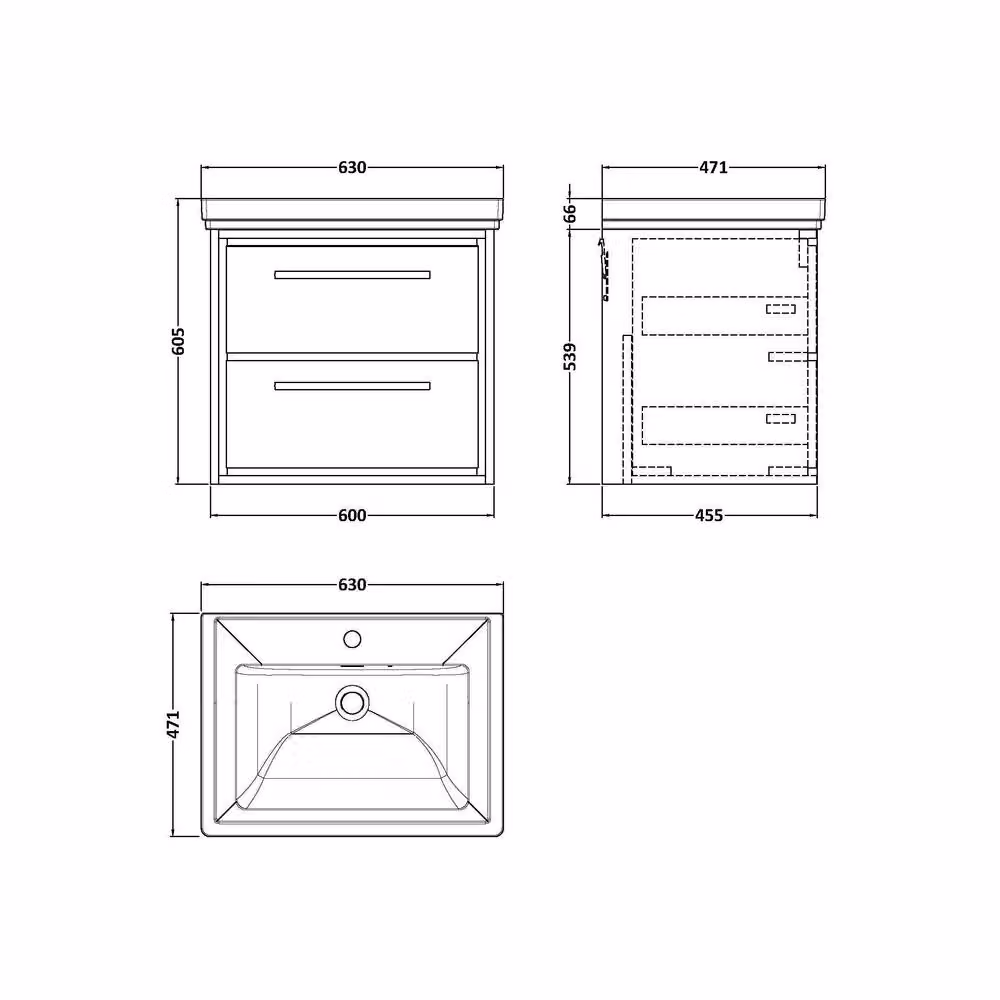 Balterley Longnor 2 Drawer Wall Hung Vanity Basin Unit in Antique Oak Brown, Width: 60 cm – 2