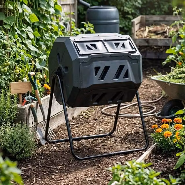 SPETLEK Dual Chamber Rotating Garden Compost Bin in Black