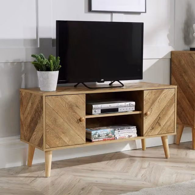 Home Source Dallas Mid-Century Geometric 2 Door Herringbone TV Stand Storage Unit in Natural Wood Finish