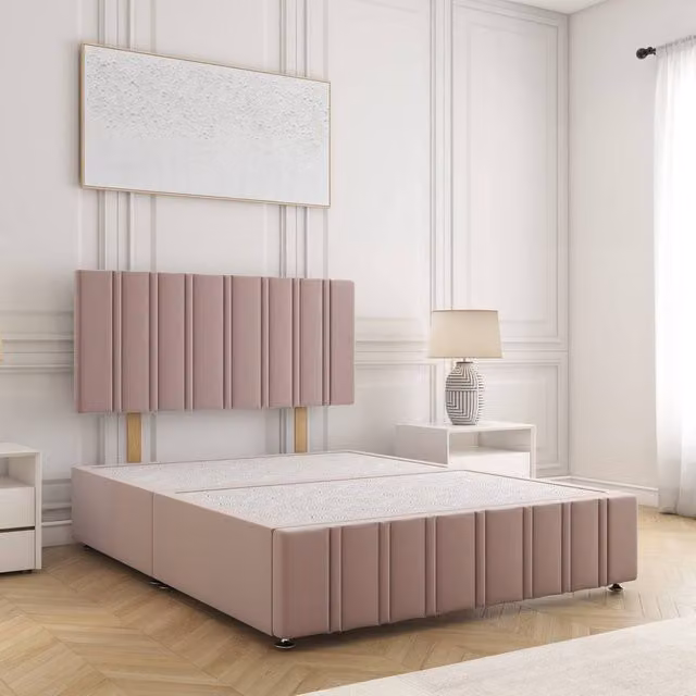 BSSPOKE Isabella Double Plush Velvet Divan Bed with 24 inch Headboard in Pink, W/D/H: 140 x 200 cm