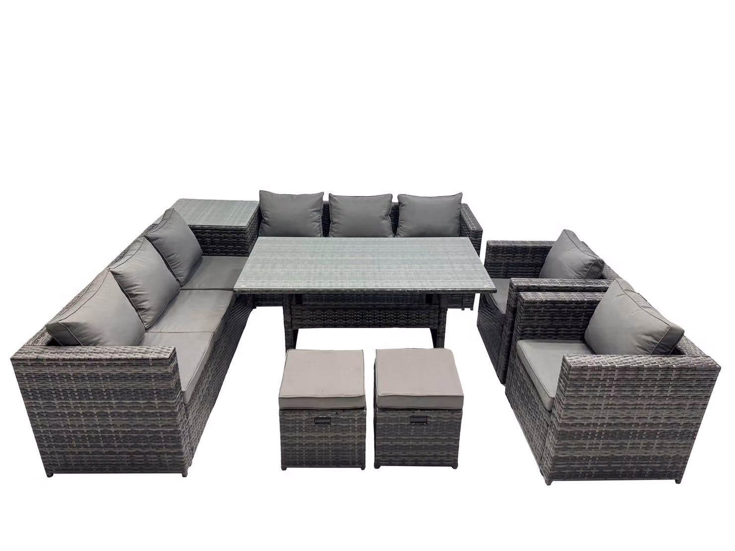 Fimous 10 Seater Garden Rattan Furniture Set with Side Table and 2 Small Stools in Dark Grey – 2