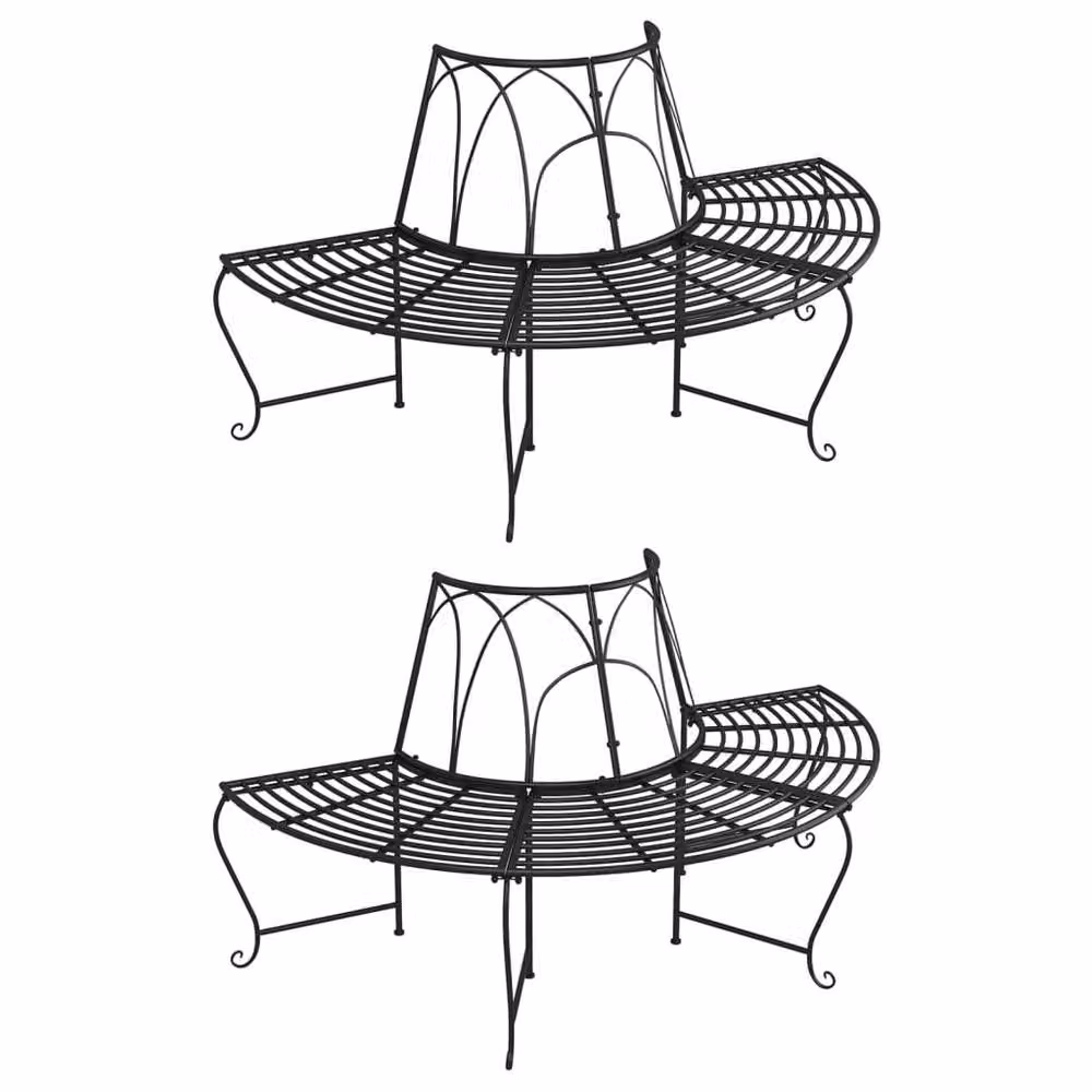 Berkfield Home Half Round Tree Bench, 2 Piece Set, Black Powder Coated Steel, Diameter: 159 cm – 2