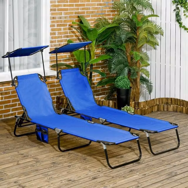Outsunny Set of Two Blue Folding Sun Loungers with Adjustable Backrest, Sun Canopy and Powder Coated Steel Frame