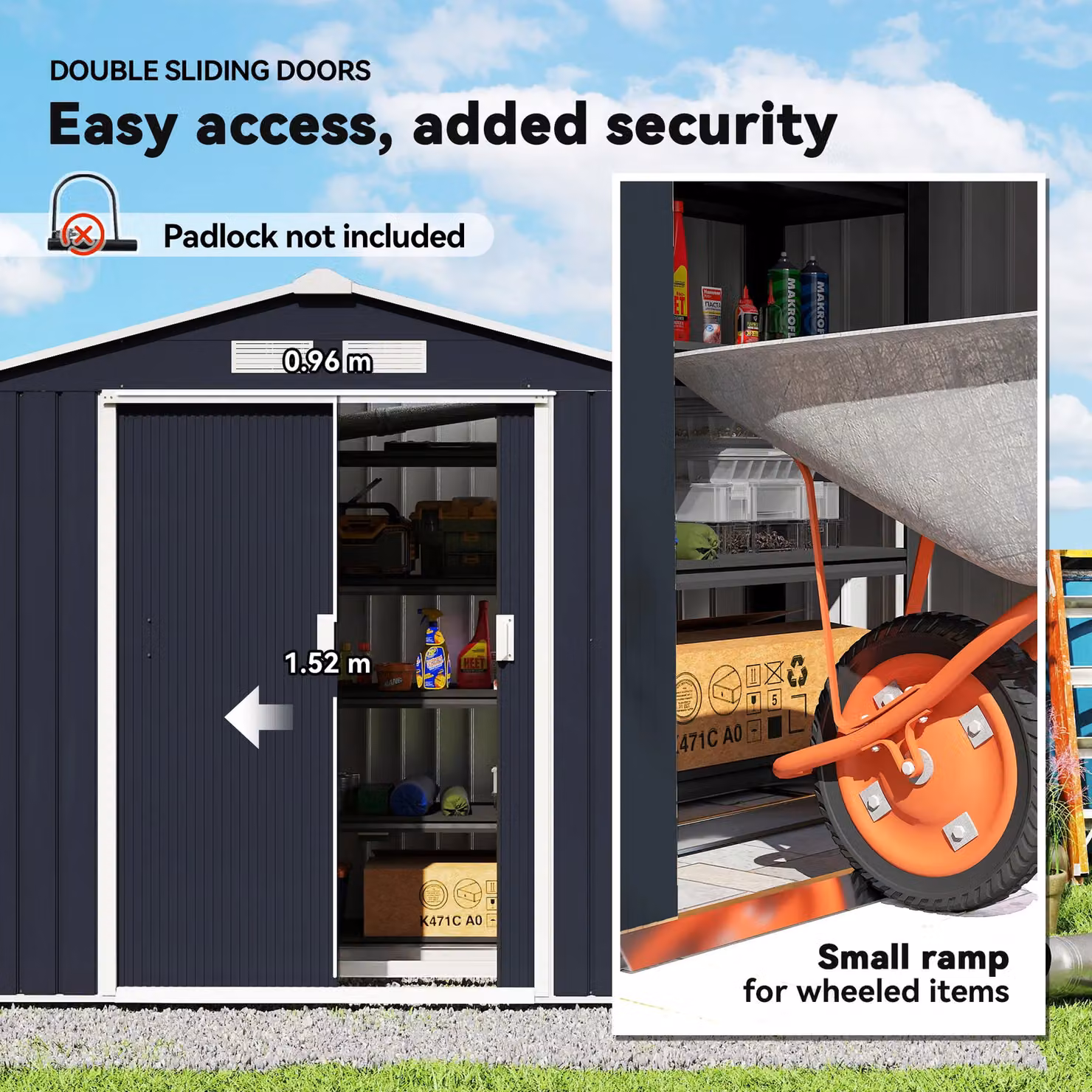 OUTSUNNY Galvanised Steel Garden Shed Storage Unit in Anthracite Grey with Sliding Locking Doors and Side Vent – 5