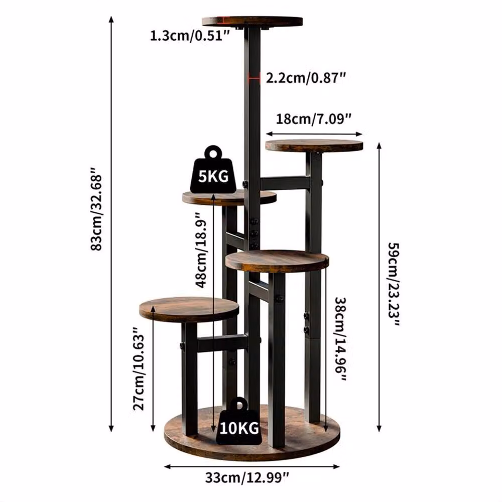EONLION 6 Tier Industrial Round Plant Stand in Brown and Black Metal and MDF – 2