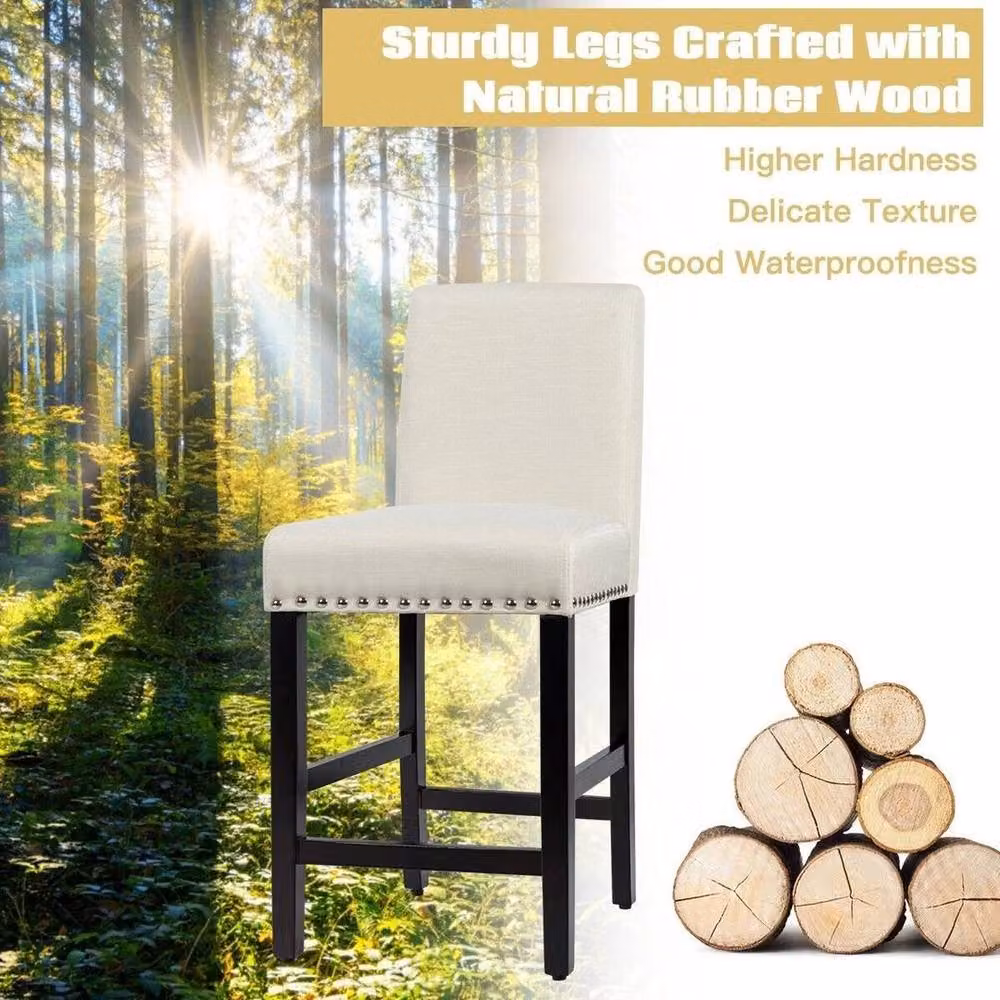 FLAVORA 2 Pack Padded Low Back Counter Height Bar Stools in White Fabric with Rubberwood Frame – 4