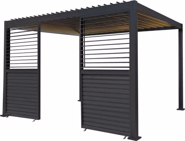 Monster Shop Grey Aluminium Pergola with LED Lights and 2 Side Panels, W: 390 cm, D: 300 cm
