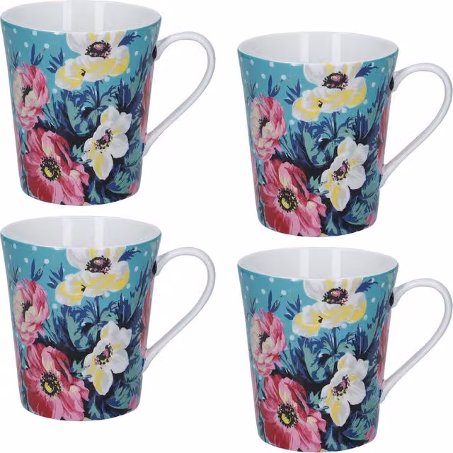 Set of 4 Mikasa Clovelly Floral Porcelain Mugs, 330ml, Green, White and Multicolour