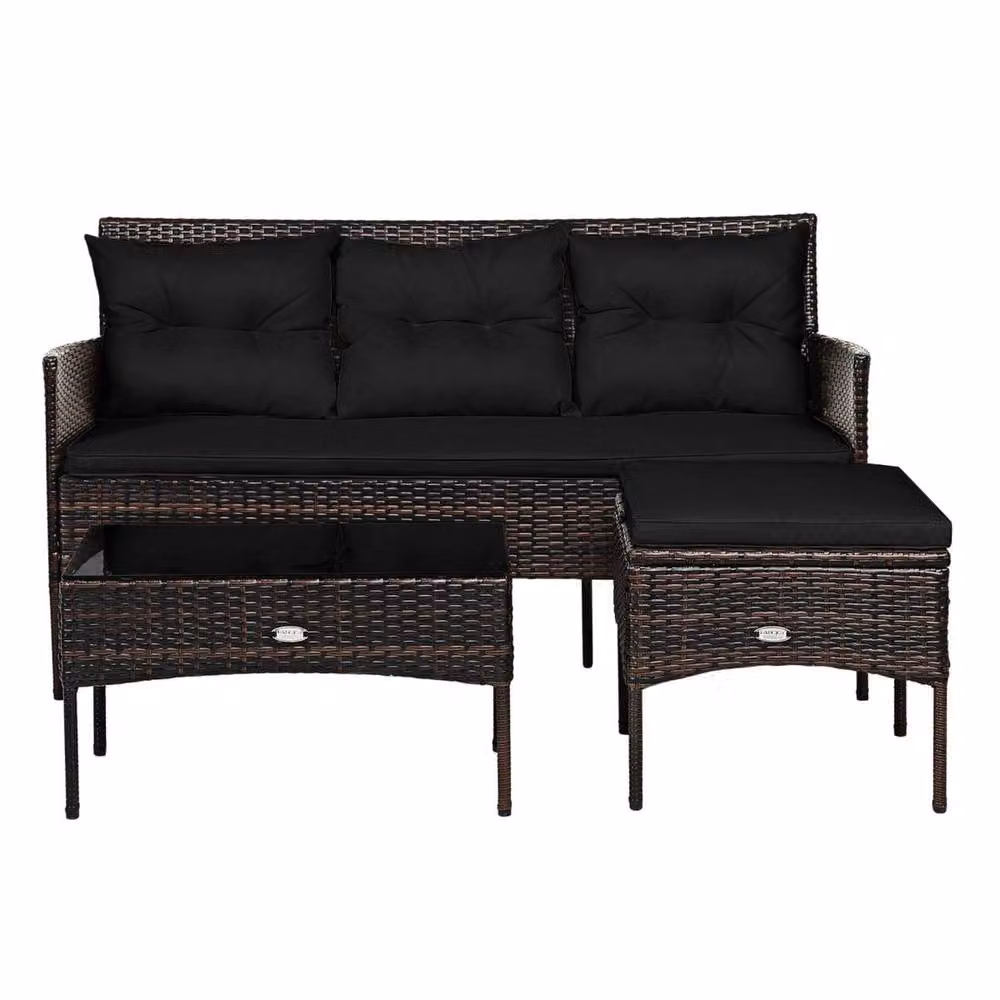 Costway 3 Piece Outdoor PE Rattan Patio Conversation Set in Black with Upholstered Cushions, 3 Seater Sofa, Coffee Table and Ottoman – 2