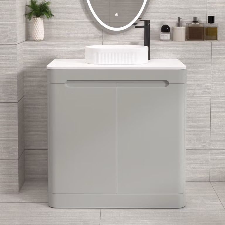 Royal Bathrooms Venice 800mm Floor Standing 2 Door Vanity Unit in Dove Grey with Plain White Worktop and Lyon Basin