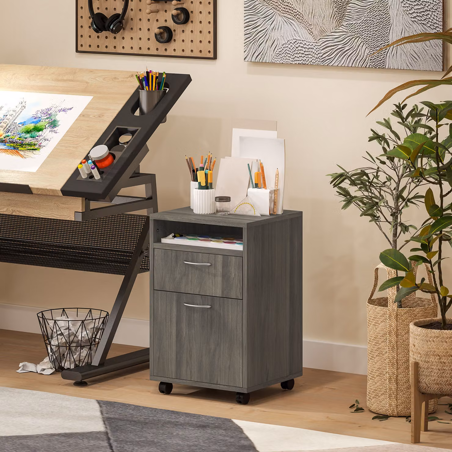 HOMCOM Grey Mobile Filing Cabinet and Office Organiser with Drawer, Open Shelf and 4 Wheels – 6