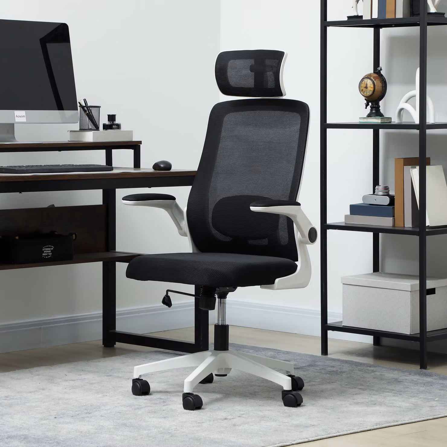 HOMCOM Ergonomic High-Back Home Office Desk Chair with Mesh, Flip-Up Arms, Rotating Headrest and Swivel Function, Black – 2