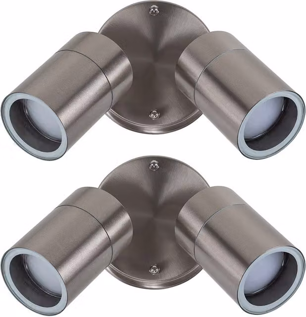ValueLights Pair of Modern IP44 Rated Stainless Steel Outdoor Garden Twin Wall Up and Down Spotlights in Silver