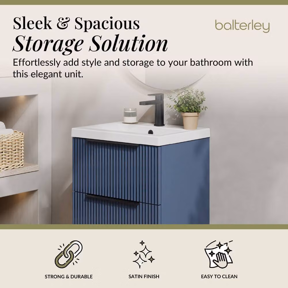 Balterley Fluted Front Wall Hung 2 Drawer Vanity Basin Unit, Satin Blue, W: 50 cm – 2