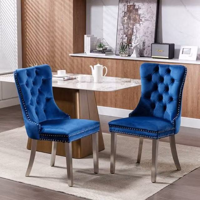 Modern Home Touch Winchester Set of 2 Blue Velvet Upholstered Kitchen Dining Chairs with Silver Chrome Legs – 1