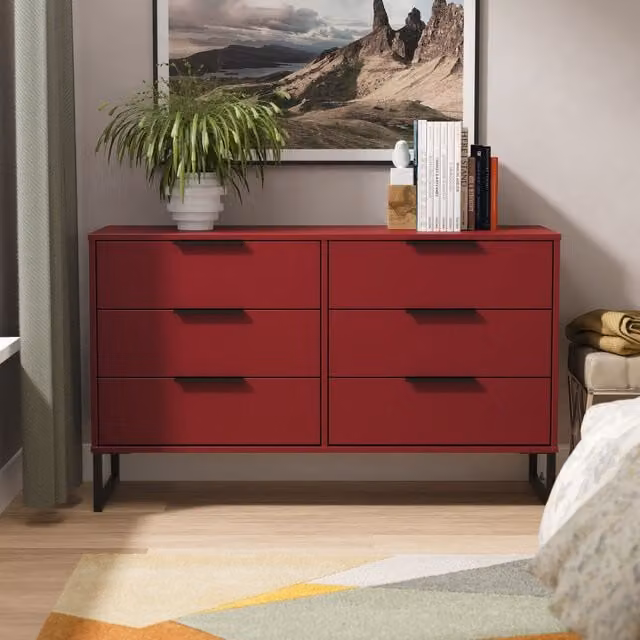 Ready Assembled 2 U Fuji 6 Drawer Wide Chest in Dark Red – 1