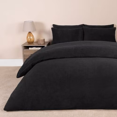 Brentfords Black Teddy Fleece Double Duvet Cover Set with Pillowcases, W/D/H: 200 x 200 x 50 x 75 cm