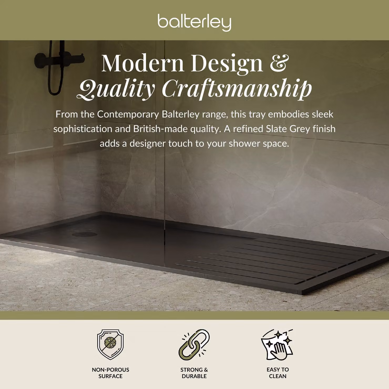 Balterley Premium Rectangular Walk In Shower Tray, Slate Grey, W: 1600 mm, D: 800 mm – 2
