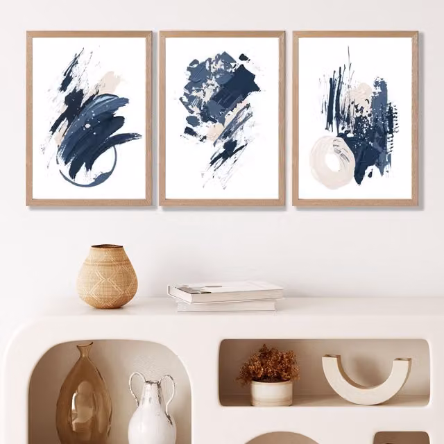 ARTZE Set of 3 Blue Abstract Minimalist Wall Art Prints with Oak Frames