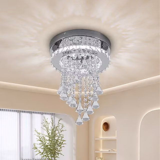 Livingandhome Droplets Crystal Ceiling Light in Chrome and Transparent White with Cool White Light