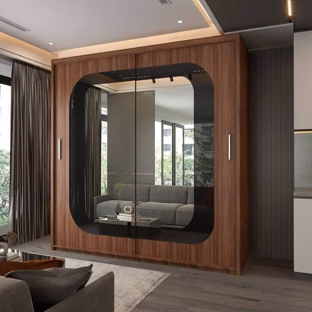 Sliding Wardrobes 4U Modern Double Door Sliding Wardrobe with LED Light in Walnut, W: 150 cm, H: 217 cm – 1