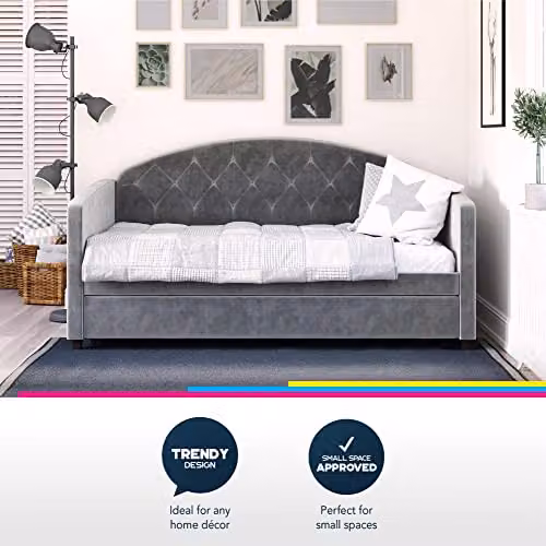 DHP Furniture Aspen Daybed with Trundle, Grey Velvet Upholstered – 5