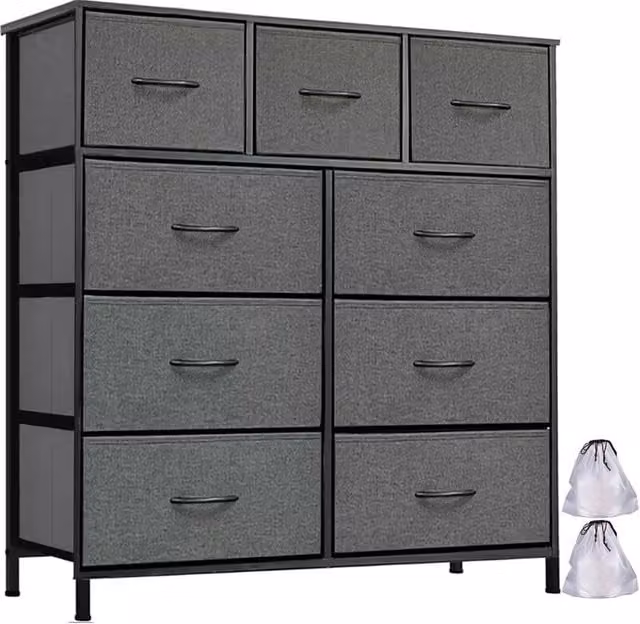 Kelvenix 9 Drawer Fabric Chest of Drawers and Bedroom Dresser in Dark Grey – 1